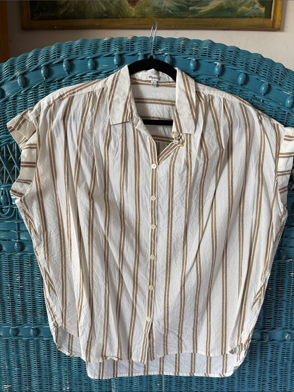 Madewell short sleeved button up oversized fit tan and off-white size medium